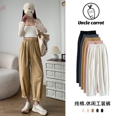 【纯棉】工装裤女春夏棉麻高腰显瘦哈伦萝卜裤宽松休闲直筒阔腿裤图2