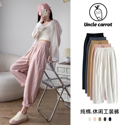 【纯棉】工装裤女春夏棉麻高腰显瘦哈伦萝卜裤宽松休闲直筒阔腿裤图3