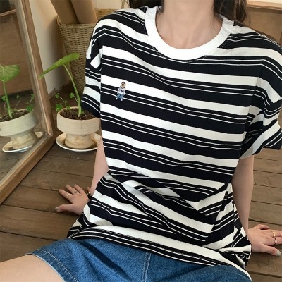 批发复古风条纹短袖t恤女夏季2024新款宽松纯棉刺绣休闲半袖上衣图5