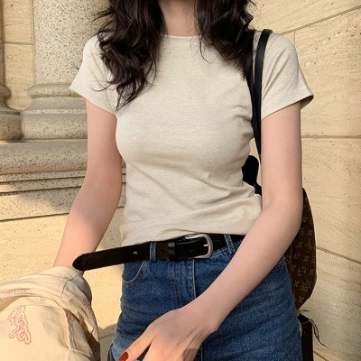 美式白色t恤女正肩短袖欧货2024年新款显瘦圆领纯棉叠穿打底上衣图2