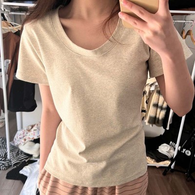 正肩短袖u领t恤女装夏季2024年新款纯棉修身低圆领基础款爆款上衣图5