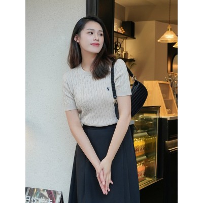 新款拉夫劳伦同款针织衫短袖女套头圆领毛衣麻花纯色上衣打底女装图5