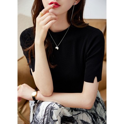 针织短袖黑色修身天丝上衣夏季女装莱赛尔毛衣套头打底显瘦针织衫图2