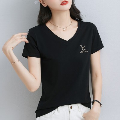 绿v领短袖t恤女夏季纯棉薄款半袖修身女士上 衣体恤衫图4