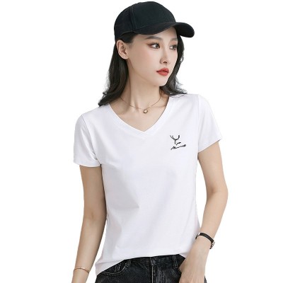 绿v领短袖t恤女夏季纯棉薄款半袖修身女士上 衣体恤衫图5