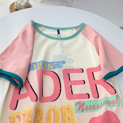 现货ader撞色圆领短袖女夏季新款字母拼色印花正肩T恤衫棉上衣图2