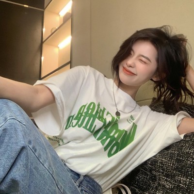 春夏新款韩版宽松休闲慵懒印花百搭纯棉短袖白色T 恤上衣女图4