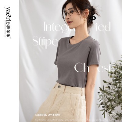 雅尔乐白色短袖T恤女夏纯色莫代尔螺纹圆领修身打底衫半袖上衣凉图2