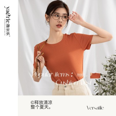 雅尔乐白色短袖T恤女夏纯色莫代尔螺纹圆领修身打底衫半袖上衣凉图4