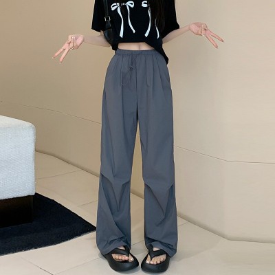 夏季新美式降落伞宽松慵懒黑色休闲裤小个子直筒速干工装裤女图3