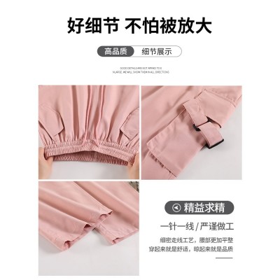 【婵兰】粉色工装裤女夏季薄款高腰显瘦垂感阔腿美式速干运动裤子图2
