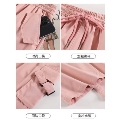 【婵兰】粉色工装裤女夏季薄款高腰显瘦垂感阔腿美式速干运动裤子图4