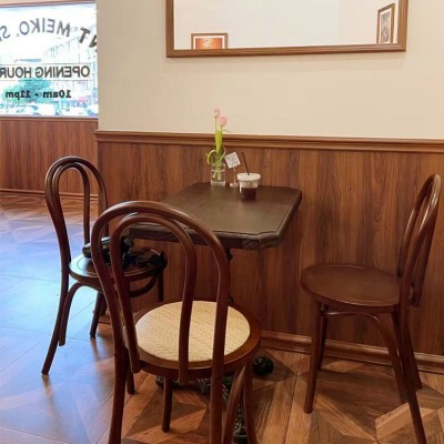 美式复古实木餐桌烘焙甜品店咖啡厅酒吧桌椅组合中古民宿小 圆方桌图2
