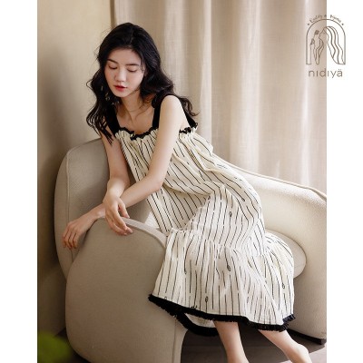 妮狄娅睡衣睡裙女夏季纯棉纱布方领抹胸吊带裙休闲甜美少女大裙摆图2