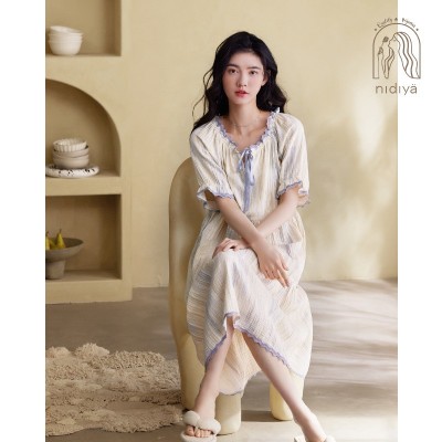 妮狄娅新款睡衣睡裙女夏季纯棉纱布短袖方领宽松大码中长款家居服图4