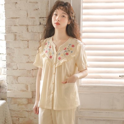 蔓秋春夏薄款双层纱睡衣夏季女士纯棉棉纱短袖长裤甜美家居 服套装图2
