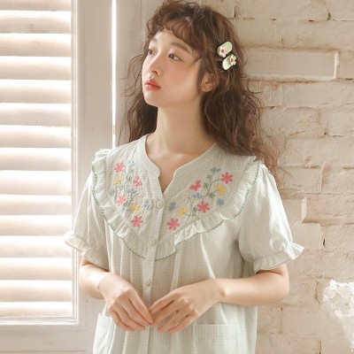 蔓秋春夏薄款双层纱睡衣夏季女士纯棉棉纱短袖长裤甜美家居 服套装图3
