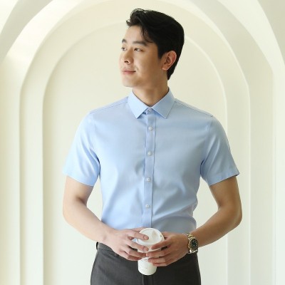 衬衫男DP成衣免烫纯棉抗皱纯色商务职业装全棉白色短袖衬衣男批发图2