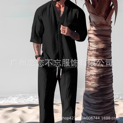 跨境热卖棉麻五分袖套装男夏季大码宽松中袖T恤褶皱两件套休闲装图2