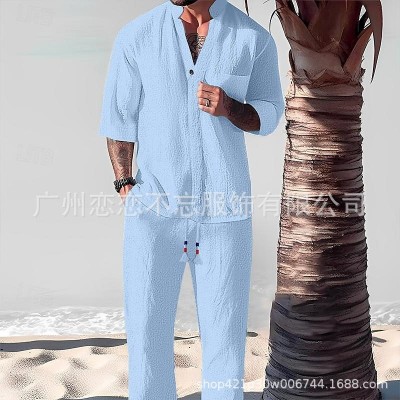 跨境热卖棉麻五分袖套装男夏季大码宽松中袖T恤褶皱两件套休闲装图4
