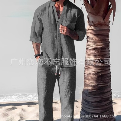 跨境热卖棉麻五分袖套装男夏季大码宽松中袖T恤褶皱两件套休闲装图3